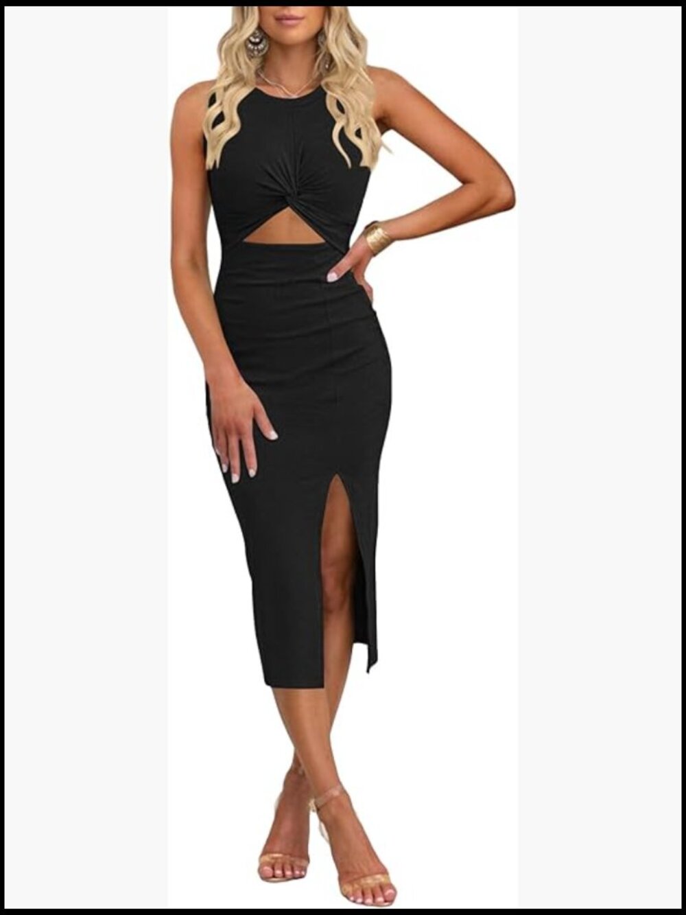 Sleeveless Cutout Twist Front Side Slit Ribbed Knit Bodycon Midi Dress